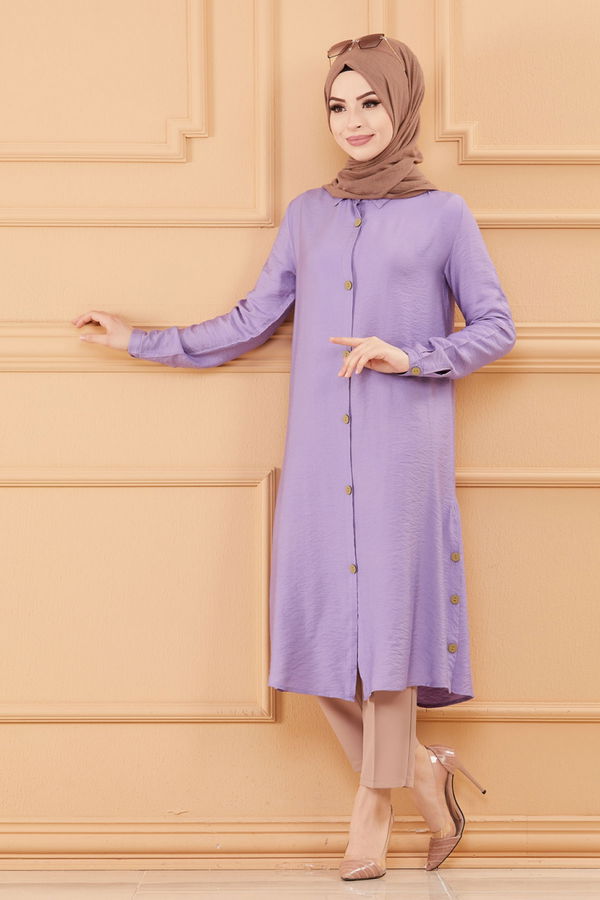 Düz Gömlek Yaka Kadın Lila TUNIK - 3253