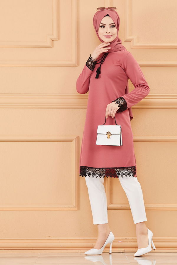 Düz Bisiklet Yaka Kadın Pembe TUNIK - 3696 PEMBE