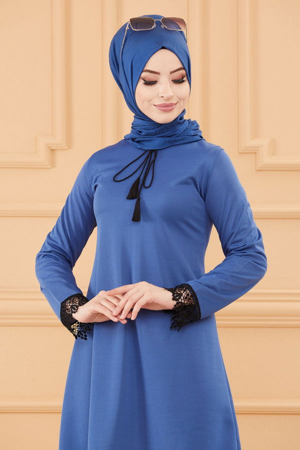 Düz Bisiklet Yaka Kadın Mavi TUNIK - 3696