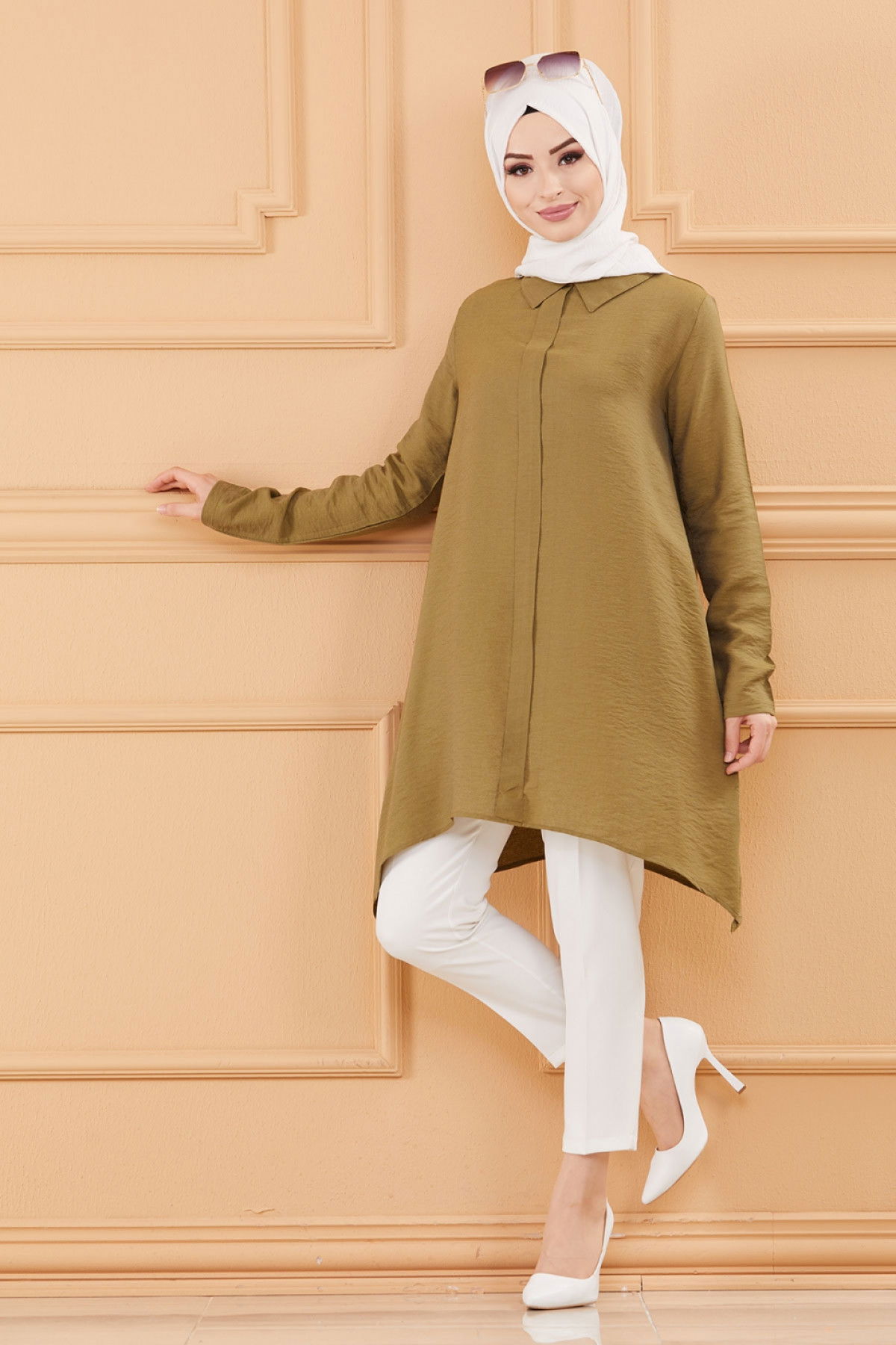 Düz Gömlek Yaka Kadın Haki TUNIK - 3256 HAKİ