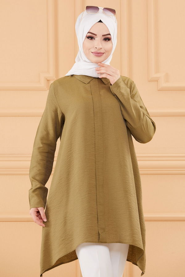 Düz Gömlek Yaka Kadın Haki TUNIK - 3256 HAKİ