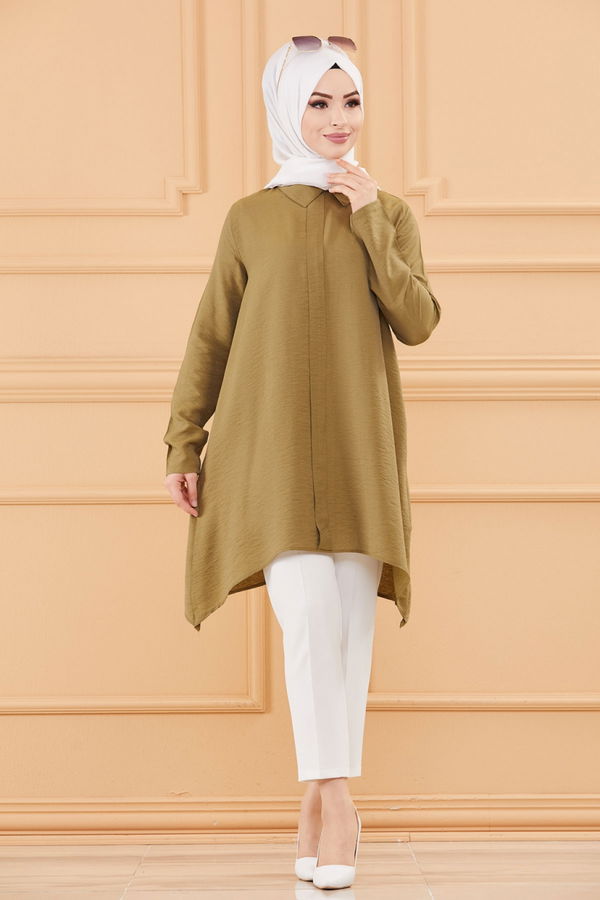 Düz Gömlek Yaka Kadın Haki TUNIK - 3256 HAKİ