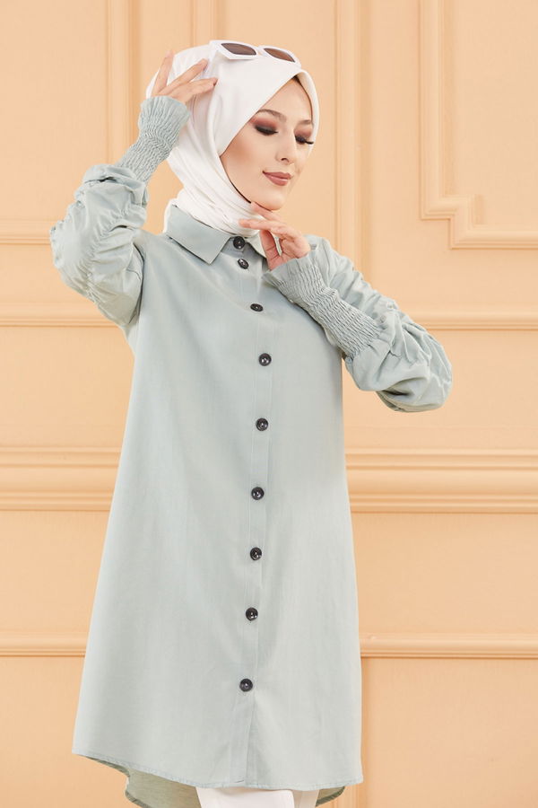 Düz Gömlek Yaka Kadın Yeşil Tunik - 3686 YEŞİL