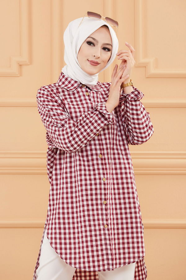 Düz Gömlek Yaka Kadın Bordo TUNIK - 3719 BORDO