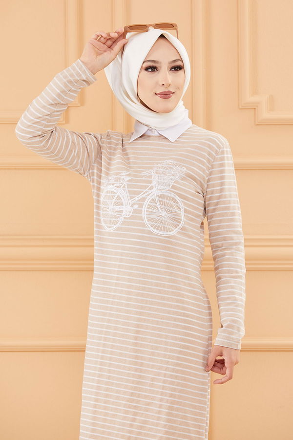 Düz Bisiklet Yaka Kadın Vizon TUNIK - 3721