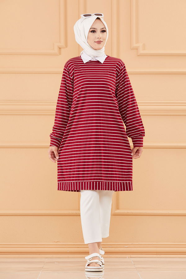 Düz Bisiklet Yaka Kadın Bordo TUNIK - 3722