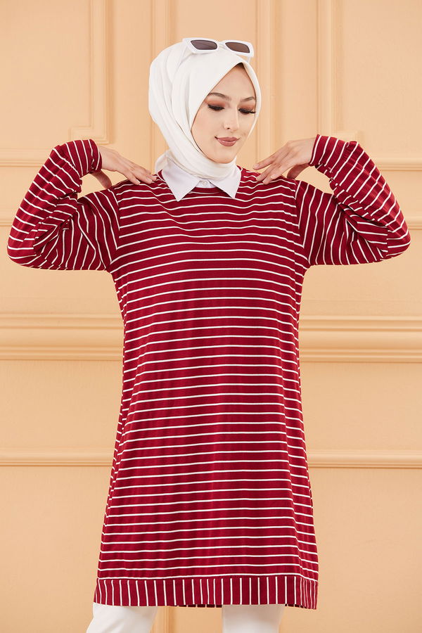 Düz Bisiklet Yaka Kadın Bordo TUNIK - 3722