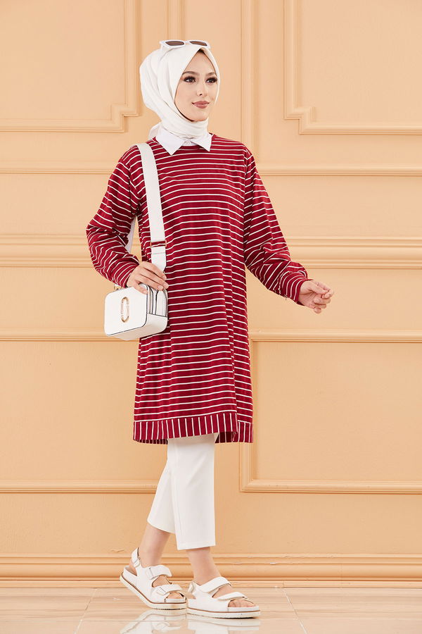 Düz Bisiklet Yaka Kadın Bordo TUNIK - 3722