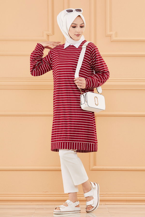 Düz Bisiklet Yaka Kadın Bordo TUNIK - 3722