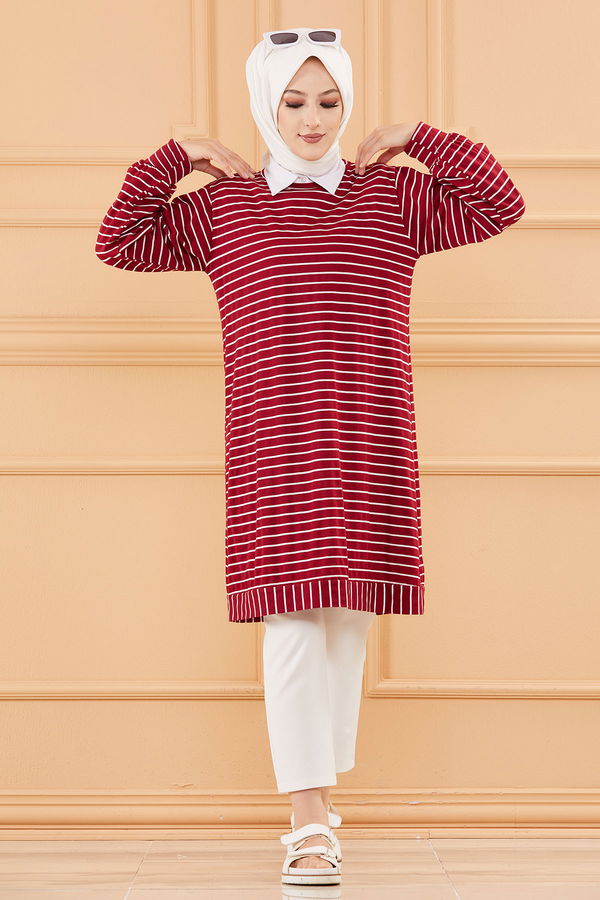 Düz Bisiklet Yaka Kadın Bordo TUNIK - 3722
