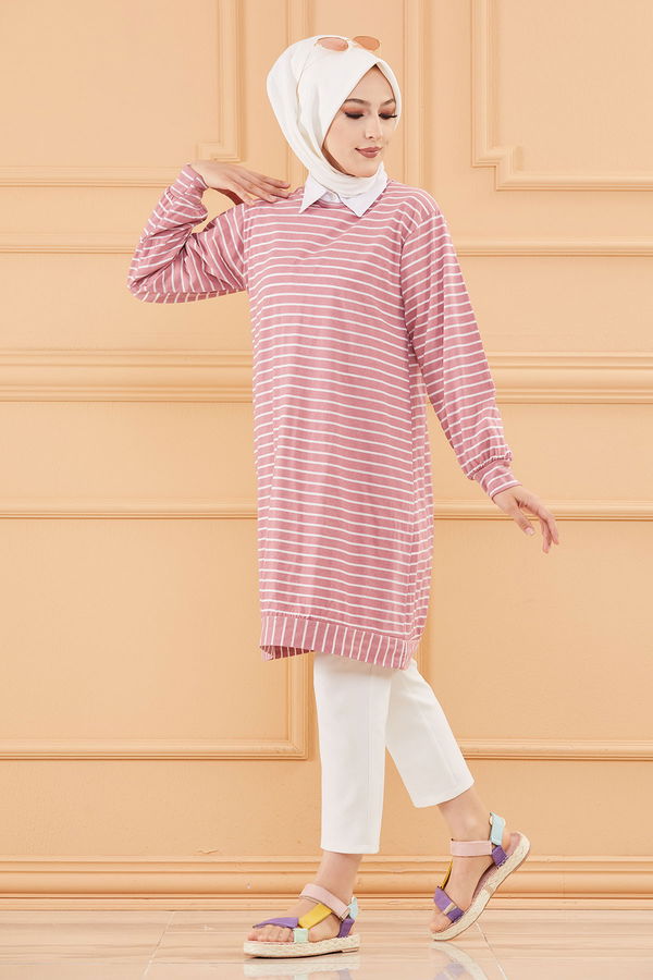 Düz Bisiklet Yaka Kadın Pembe TUNIK - 3722 PEMBE
