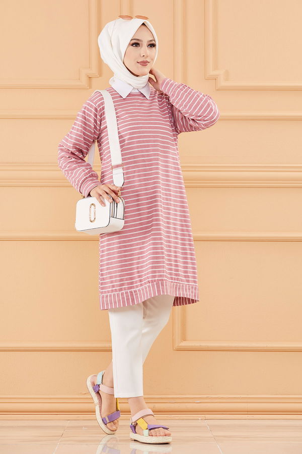 Düz Bisiklet Yaka Kadın Pembe TUNIK - 3722 PEMBE