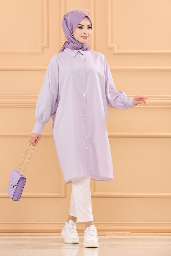 Düz Gömlek Yaka Kadın Lila TUNIK - 3231