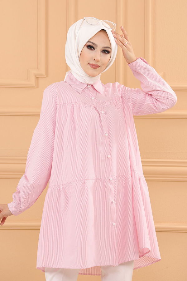 Düz Gömlek Yaka Kadın Pembe CIZGILI TUNIK - 3122 PEMBE