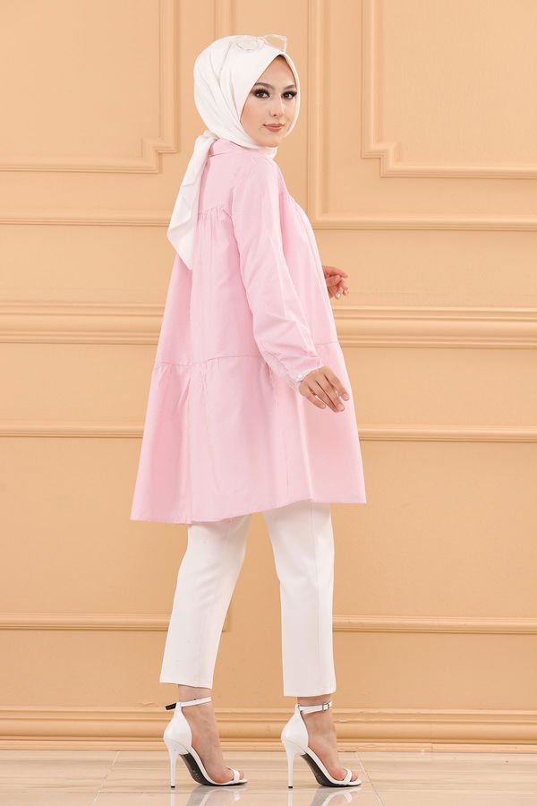 Düz Gömlek Yaka Kadın Pembe CIZGILI TUNIK - 3122 PEMBE