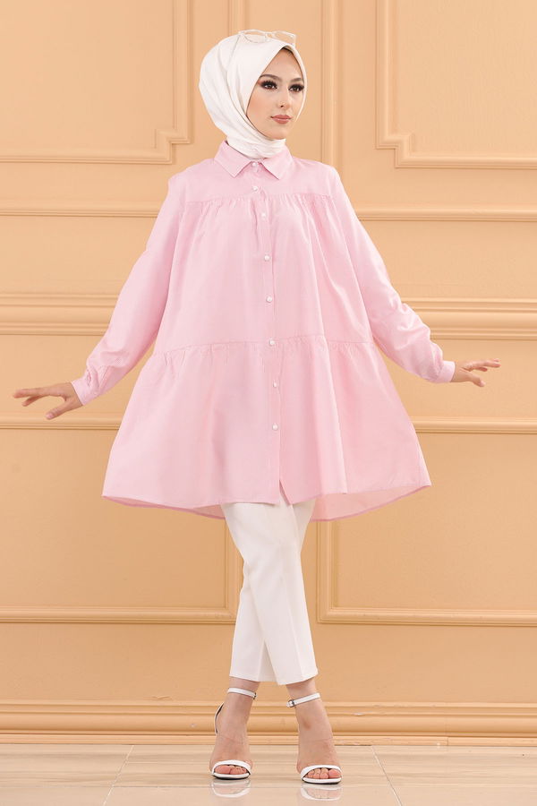 Düz Gömlek Yaka Kadın Pembe CIZGILI TUNIK - 3122 PEMBE