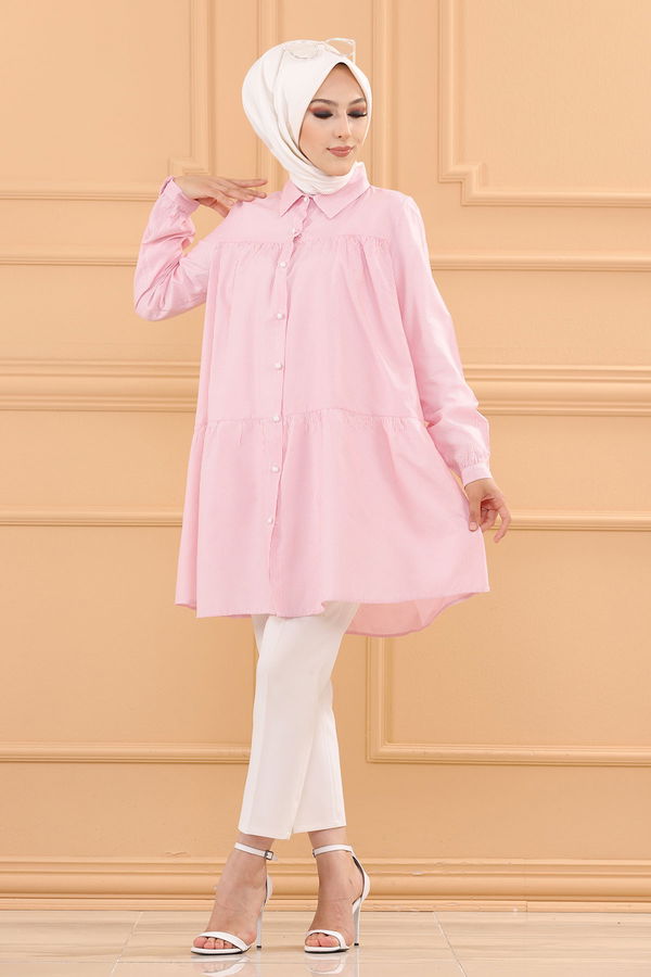 Düz Gömlek Yaka Kadın Pembe CIZGILI TUNIK - 3122 PEMBE