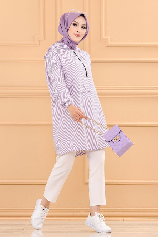 Düz Kapsonlu Yaka Kadın Lila TUNIK - 3723 LİLA
