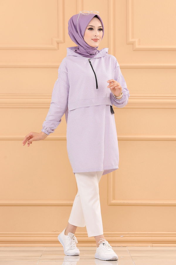 Düz Kapsonlu Yaka Kadın Lila TUNIK - 3723 LİLA