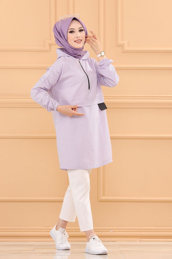 Düz Kapsonlu Yaka Kadın Lila TUNIK - 3723 LİLA