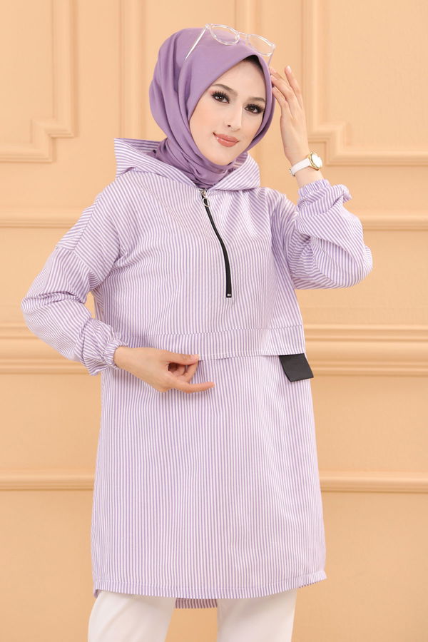 Düz Kapsonlu Yaka Kadın Lila TUNIK - 3723 LİLA