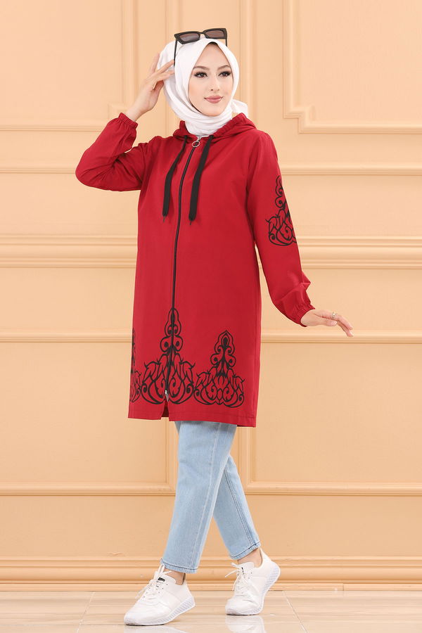 Düz Orta Kadın Bordo Baskılı Tunik - 3729 BORDO