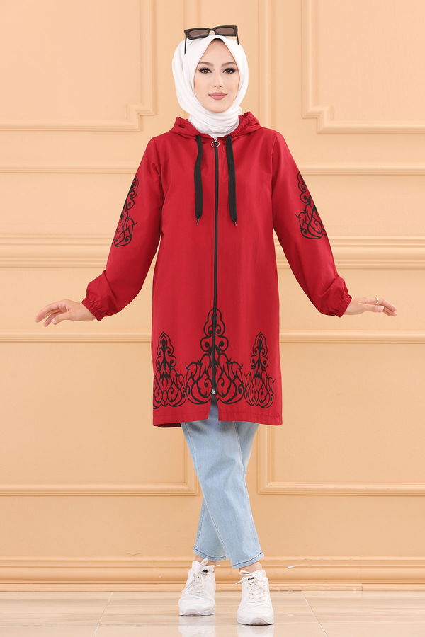 Düz Orta Kadın Bordo Baskılı Tunik - 3729 BORDO