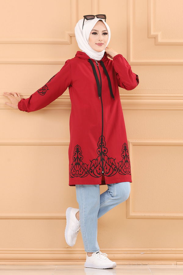 Düz Orta Kadın Bordo Baskılı Tunik - 3729 BORDO