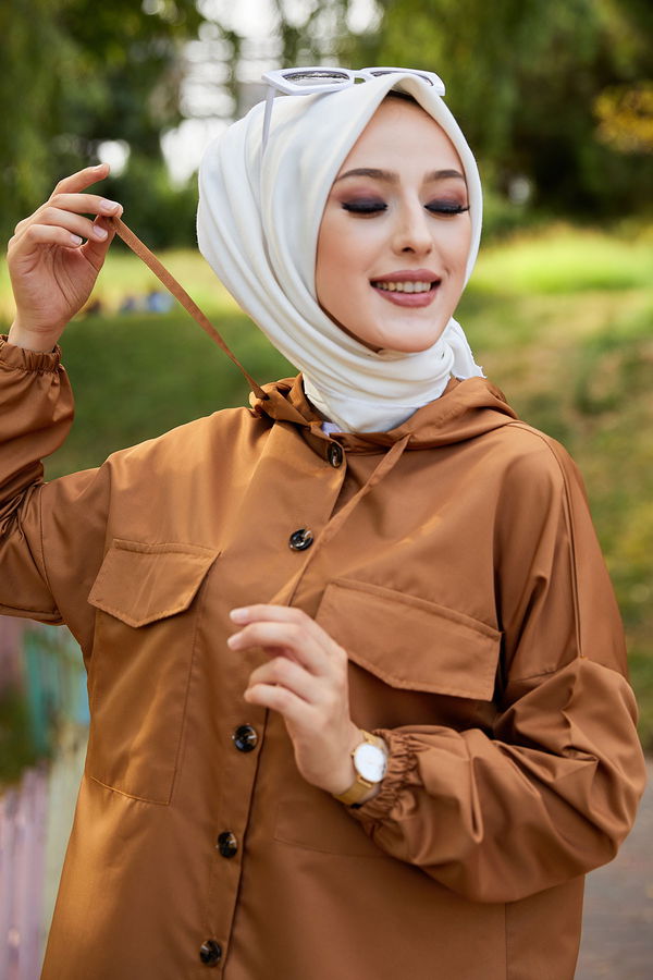 Düz Kapsonlu Yaka Kadın Taba TUNIK PANTOLON - 3711 TABA