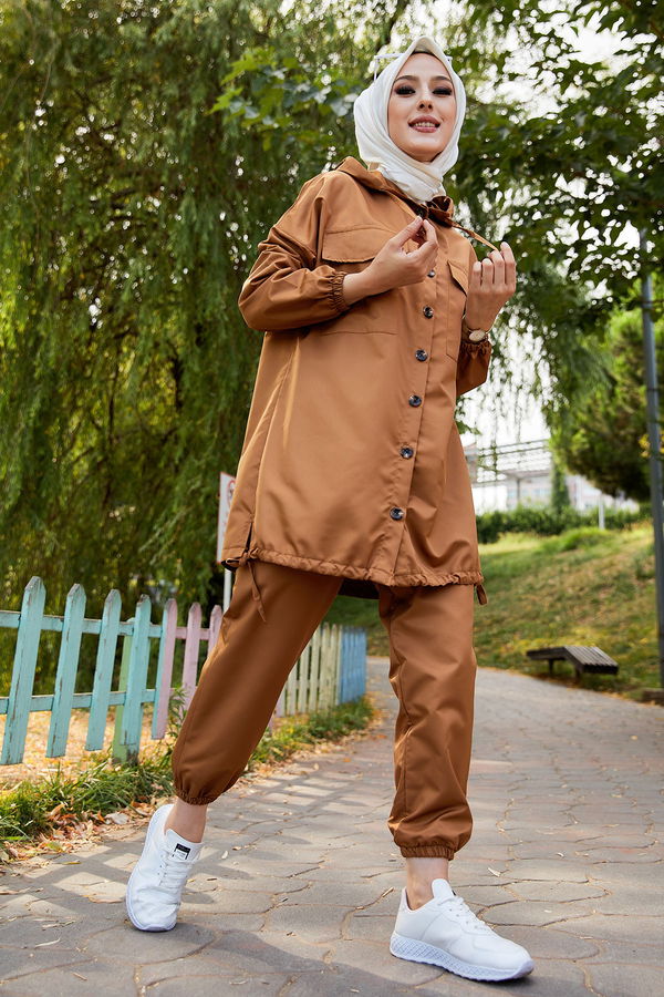 Düz Kapsonlu Yaka Kadın Taba TUNIK PANTOLON - 3711 TABA