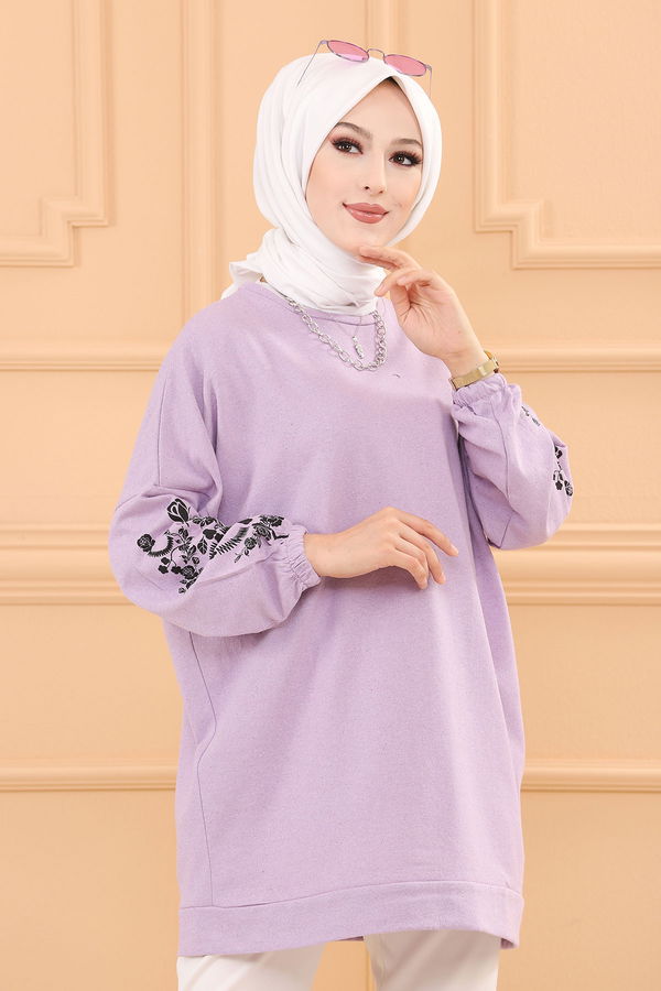 Düz Bisiklet Yaka Kadın Lila TUNIK - 3357 LİLA