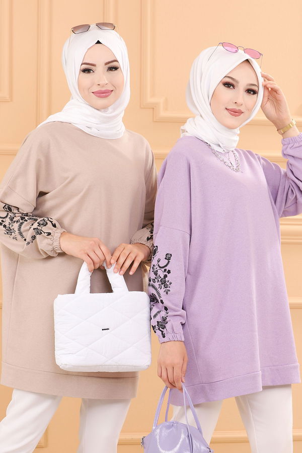 Düz Bisiklet Yaka Kadın Lila TUNIK - 3357 LİLA