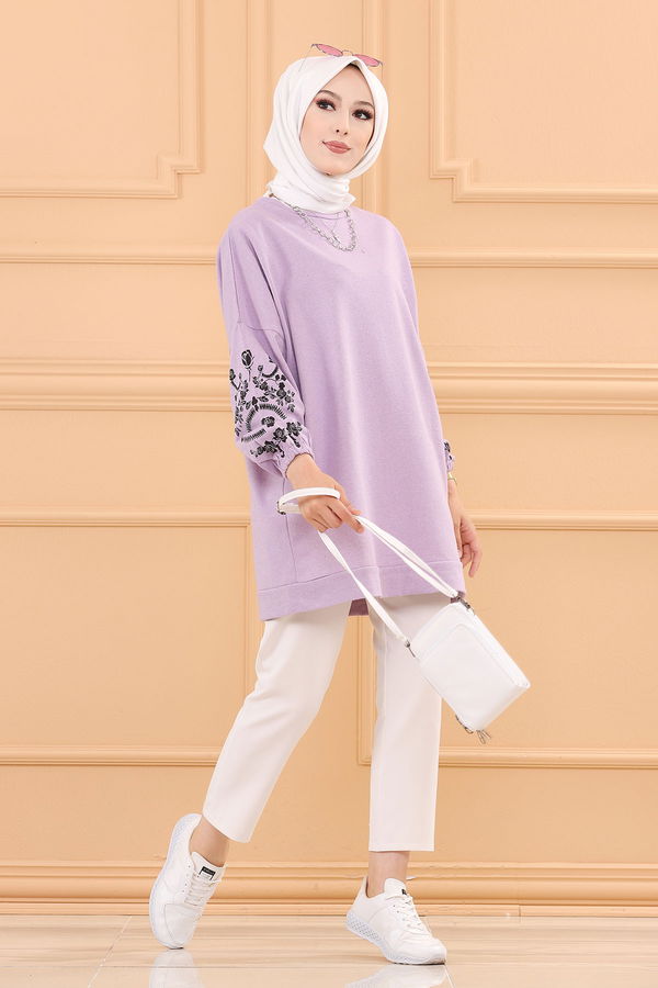 Düz Bisiklet Yaka Kadın Lila TUNIK - 3357 LİLA
