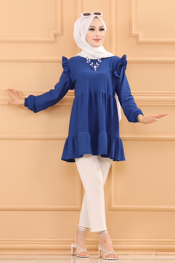 Düz Bisiklet Yaka Kadın Mavi TUNIK - 3282 MAVİ