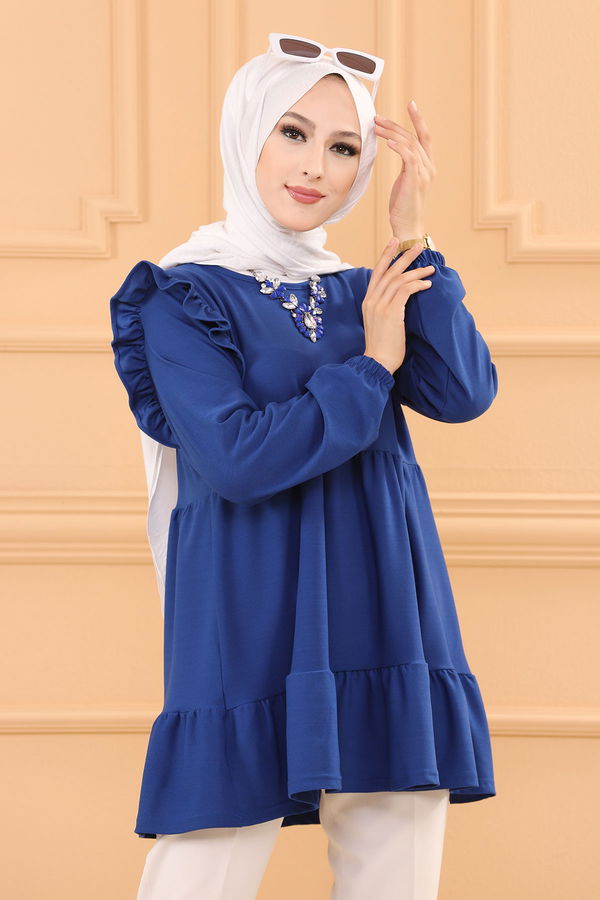 Düz Bisiklet Yaka Kadın Mavi TUNIK - 3282 MAVİ