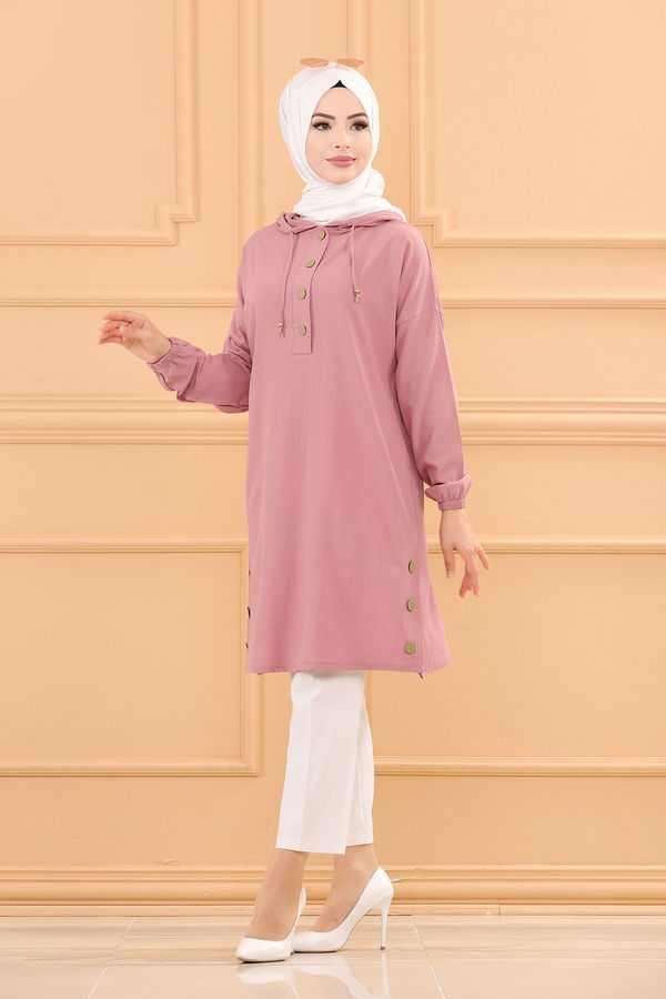 Düz Kapsonlu Yaka Kadın Pembe TUNIK - 3697 PEMBE