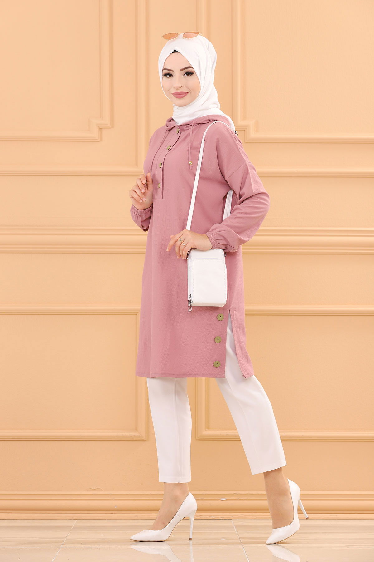 Düz Kapsonlu Yaka Kadın Pembe TUNIK - 3697 PEMBE