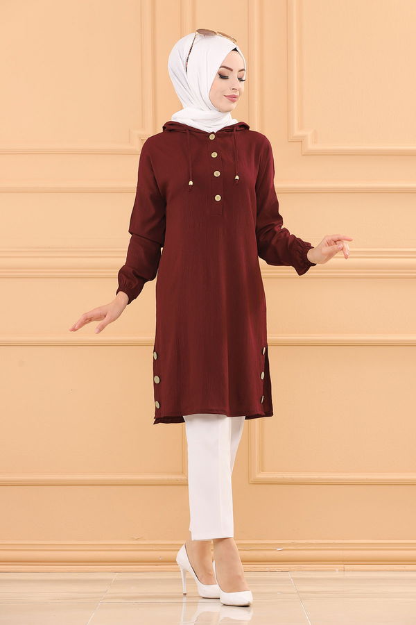 Düz Kapsonlu Yaka Kadın Bordo TUNIK - 3697
