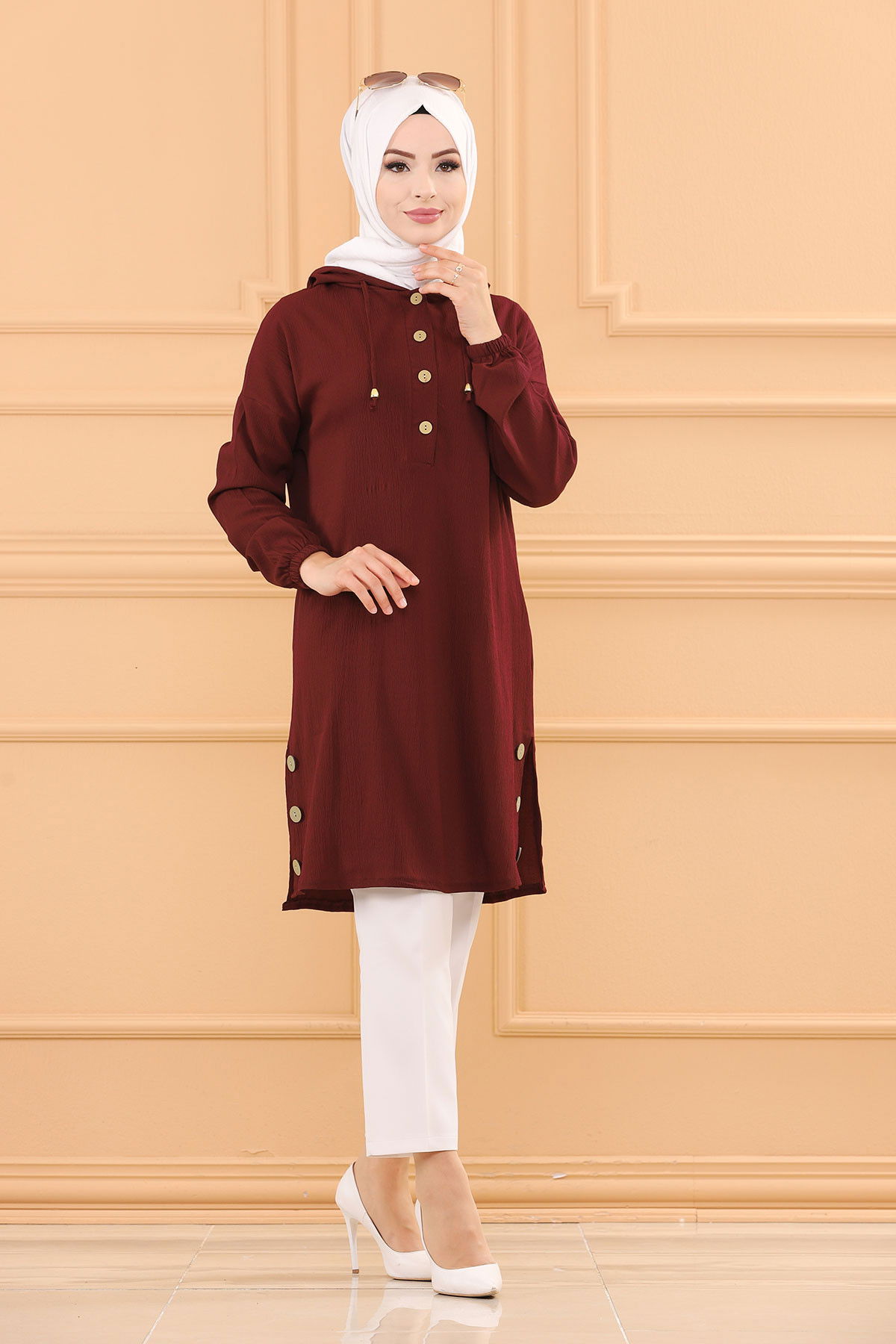 Düz Kapsonlu Yaka Kadın Bordo TUNIK - 3697