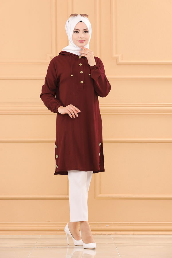 Düz Kapsonlu Yaka Kadın Bordo TUNIK - 3697