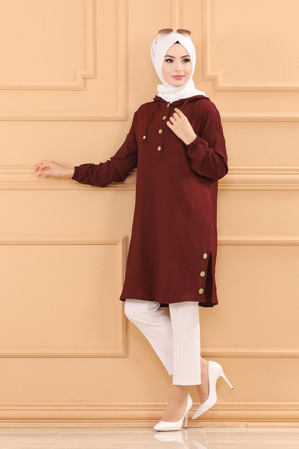 Düz Kapsonlu Yaka Kadın Bordo TUNIK - 3697