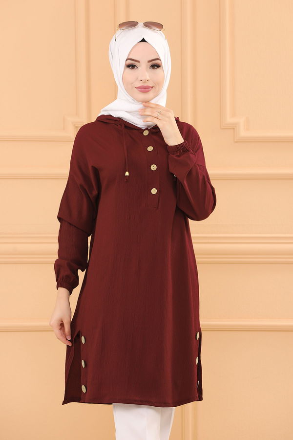 Düz Kapsonlu Yaka Kadın Bordo TUNIK - 3697