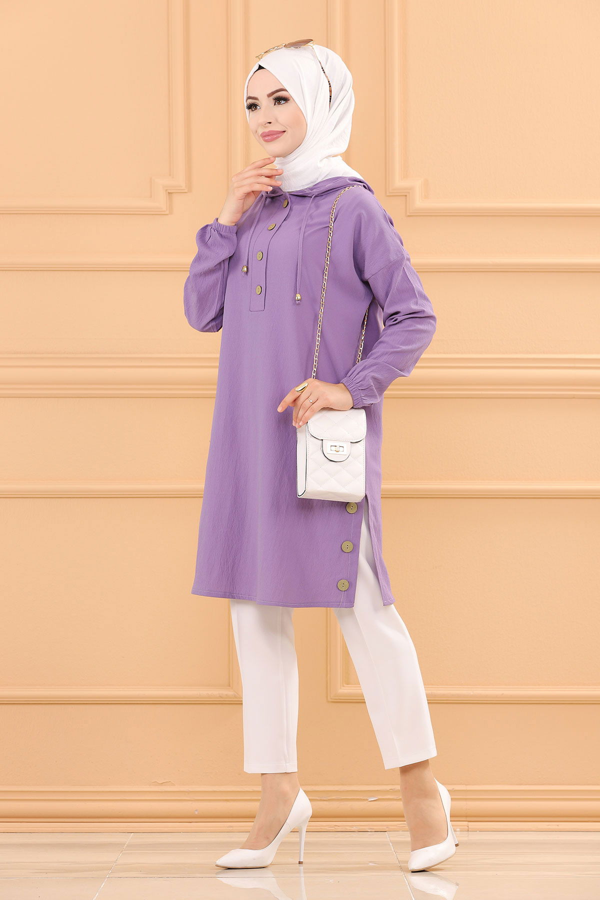 Düz Kapsonlu Yaka Kadın Lila TUNIK - 3697 LİLA
