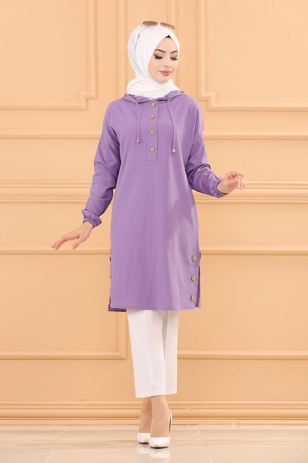 Düz Kapsonlu Yaka Kadın Lila TUNIK - 3697 LİLA