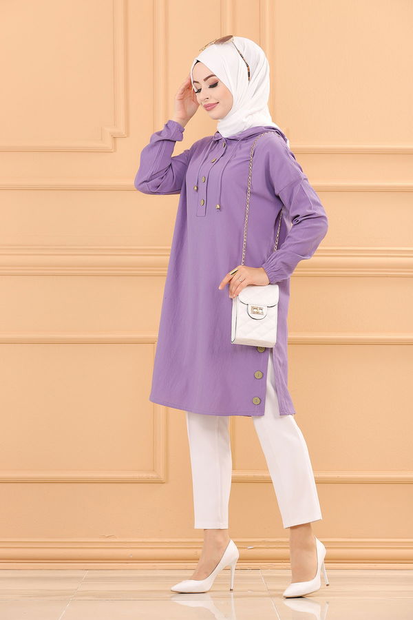 Düz Kapsonlu Yaka Kadın Lila TUNIK - 3697 LİLA