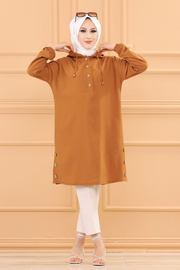 Düz Kapsonlu Yaka Kadın Taba TUNIK - 3697 TABA