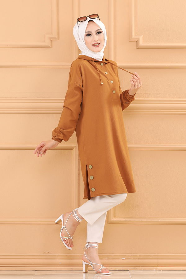 Düz Kapsonlu Yaka Kadın Taba TUNIK - 3697 TABA