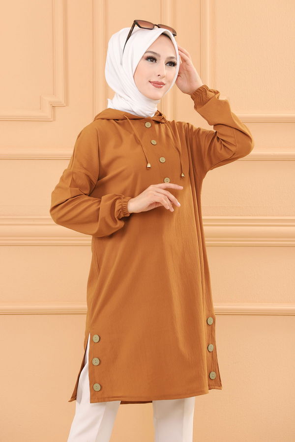 Düz Kapsonlu Yaka Kadın Taba TUNIK - 3697 TABA