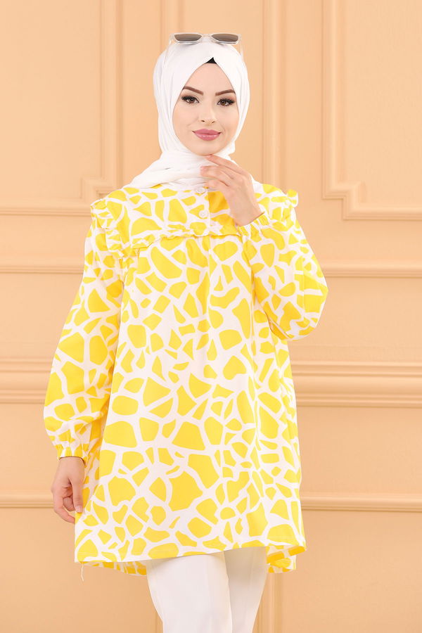 Düz Bisiklet Yaka Kadın Sarı DESENLI TUNIK - 3733 Sarı