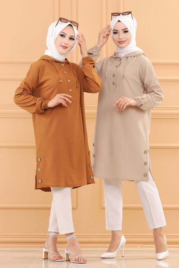 Düz Kapsonlu Yaka Kadın Taba TUNIK - 3697 TABA